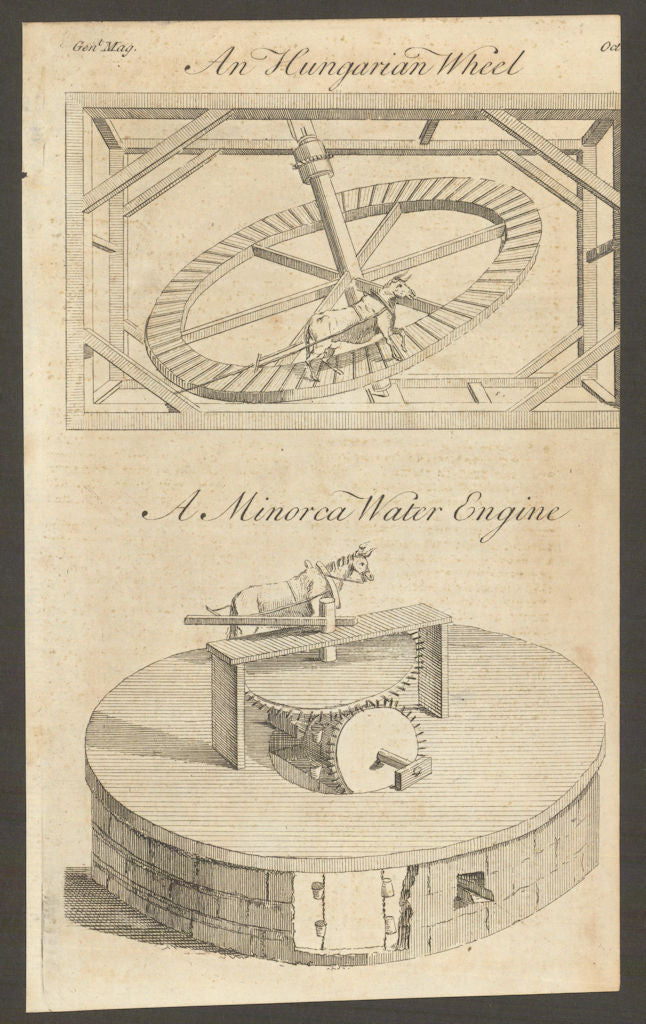 An Hungarian Wheel. A Minorca Water Engine. Spain. Gent's Mag 1752 old print